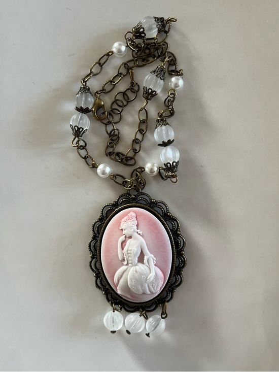 Hand Crafted Jewelry - Marie Antoinette Pink Cameo Necklace Vintage Matte Czech Glass & Brass Chain